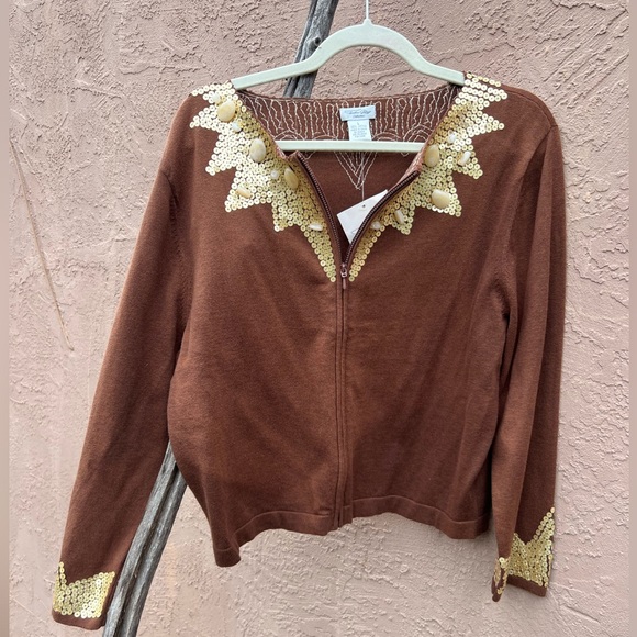 NEW Tasha Polizzi Brown Zip Front Embellished Cardigan Gold Sequins Stones - Picture 3 of 4